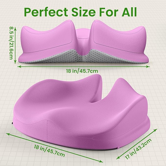 Benazcap Large Seat Cushion for Office Chair Memory Foam Coccyx Pain Relief Cushion Pillow for Back Support Non-Slip Seat Pad for Office Desk, Car Seat, Wheelchair, Sciatica-Pink