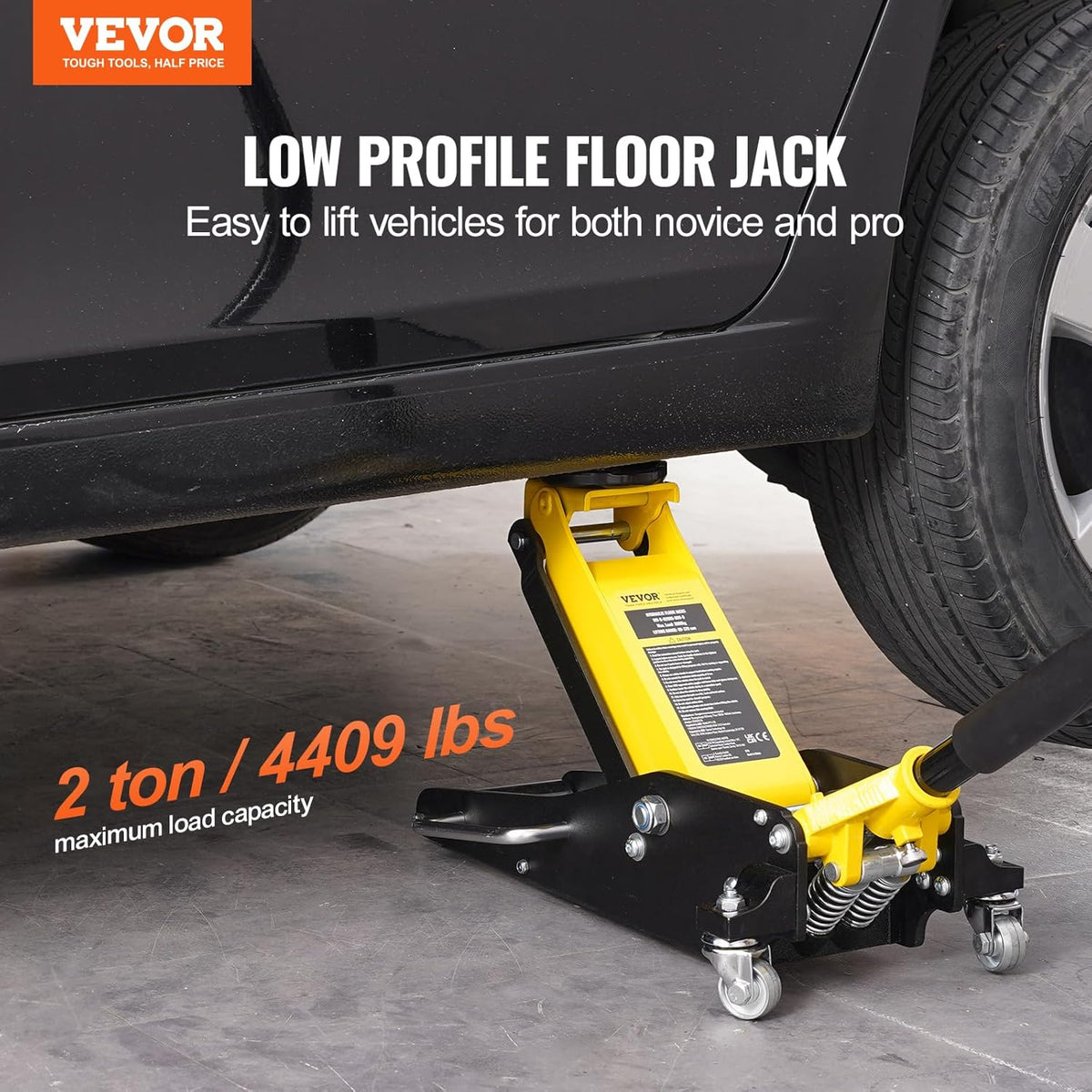 VEVOR Low Profile Floor Jack 2 Ton (4400 lbs), Heavy Duty Aluminum Hydraulic Racing Floor Jack, Hydraulic Car Jack, Dual Piston Quick Lift Pump, 3.2"-14.6" Height Lifting Range (Yellow)