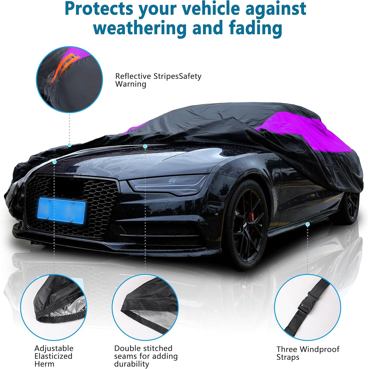 MORNYRAY Waterproof Car Cover All Weather Snowproof UV Protection Windproof Outdoor Full car Cover, Universal Fit for Sedan (Purple, A2-Fit Sedan Length(Up to 177 inch)