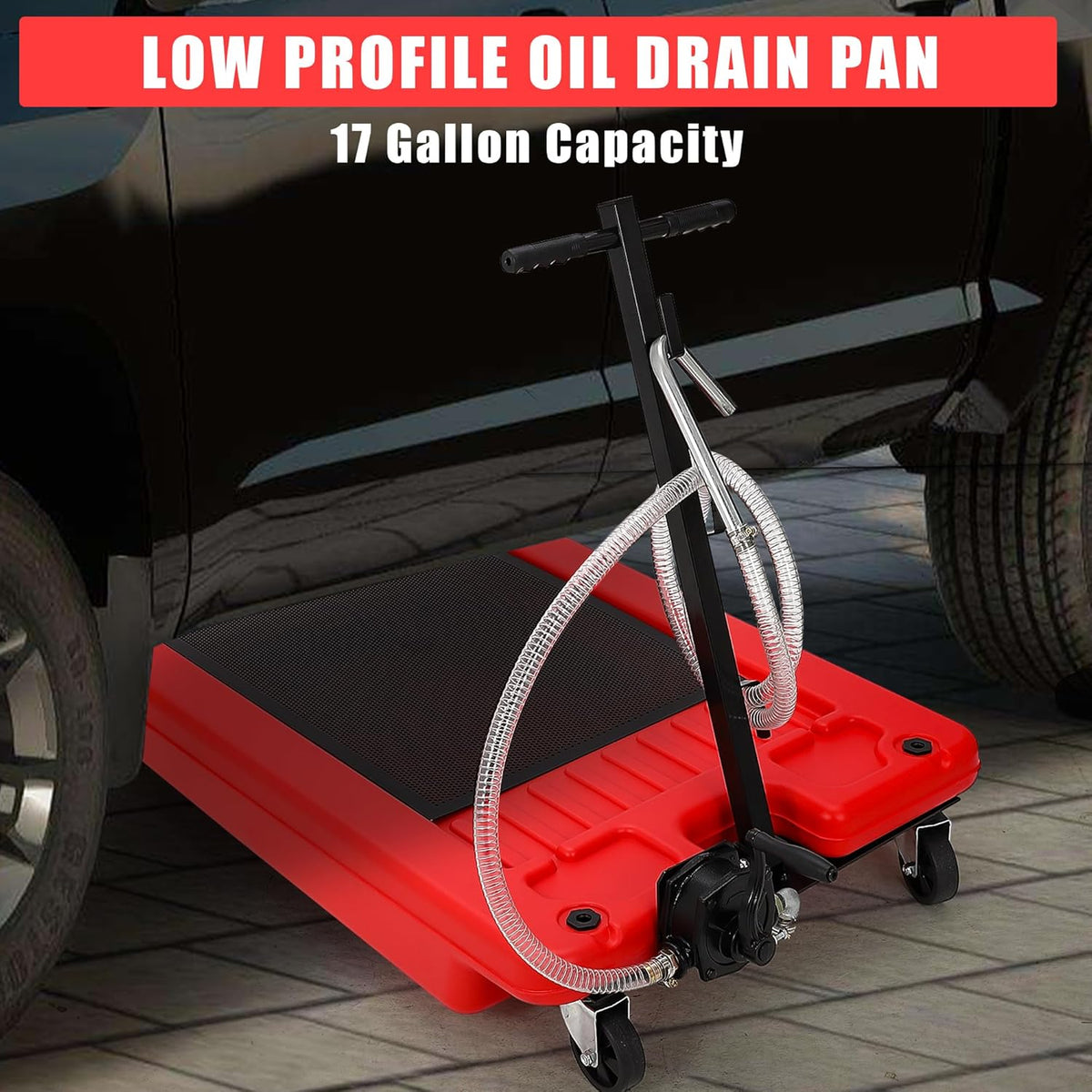 ‌17 Gal Low Profile Oil Drain Pan, Heavy Duty Mobile Oil Changing Pan with Hand Pump, 8 Ft Hose & Quick Drain Valve, Leak-Proof Design for Truck Car Motorcycle, Garage Workshop Use
