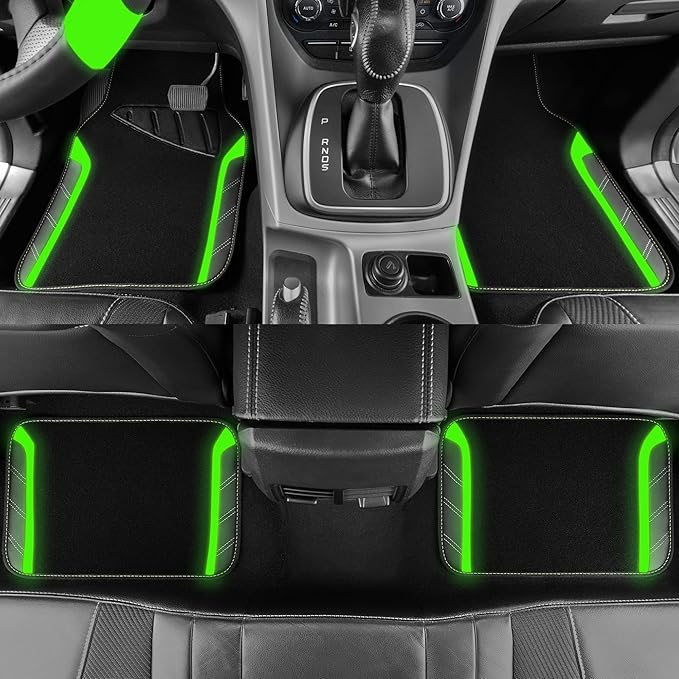 CAR PASS Leather Steering Wheel Cover and Waterproof Car Floor Mats,Microfiber Universal Car Combo Fit for 95% Sedan,SUV,Cars,14.5-15inch Sporty Anti-Slip Comfortable Design(Black＆Fluorescence Green)