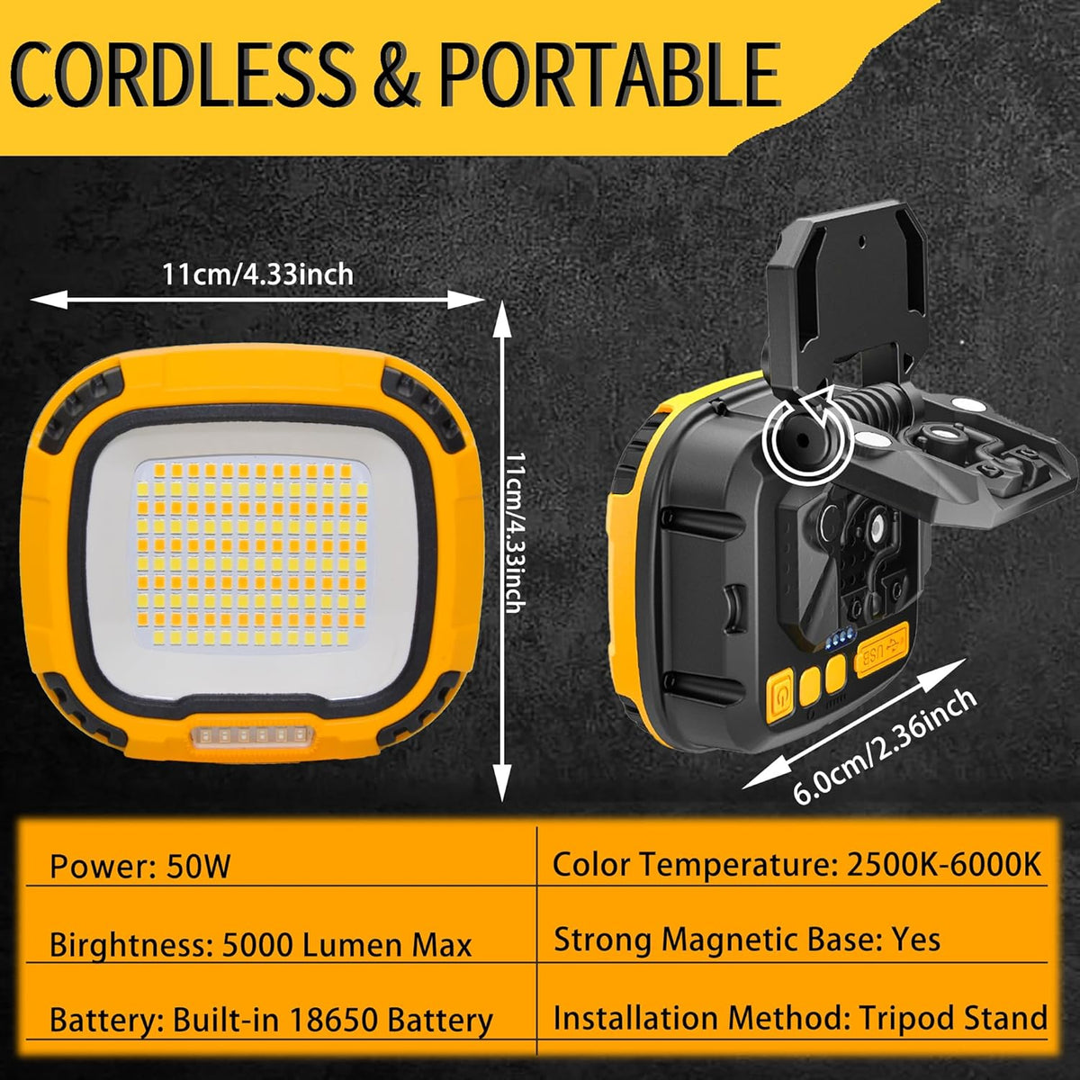 2 Pack Magnetic Work Light Rechargeable 5000Lumens, LED Flood Light with 4 Brightness & 4 Color, 36 Hours Runtime, USB-A Output & Waterproof for Car Repair, Construction, Emergency, Garage, Hurricane