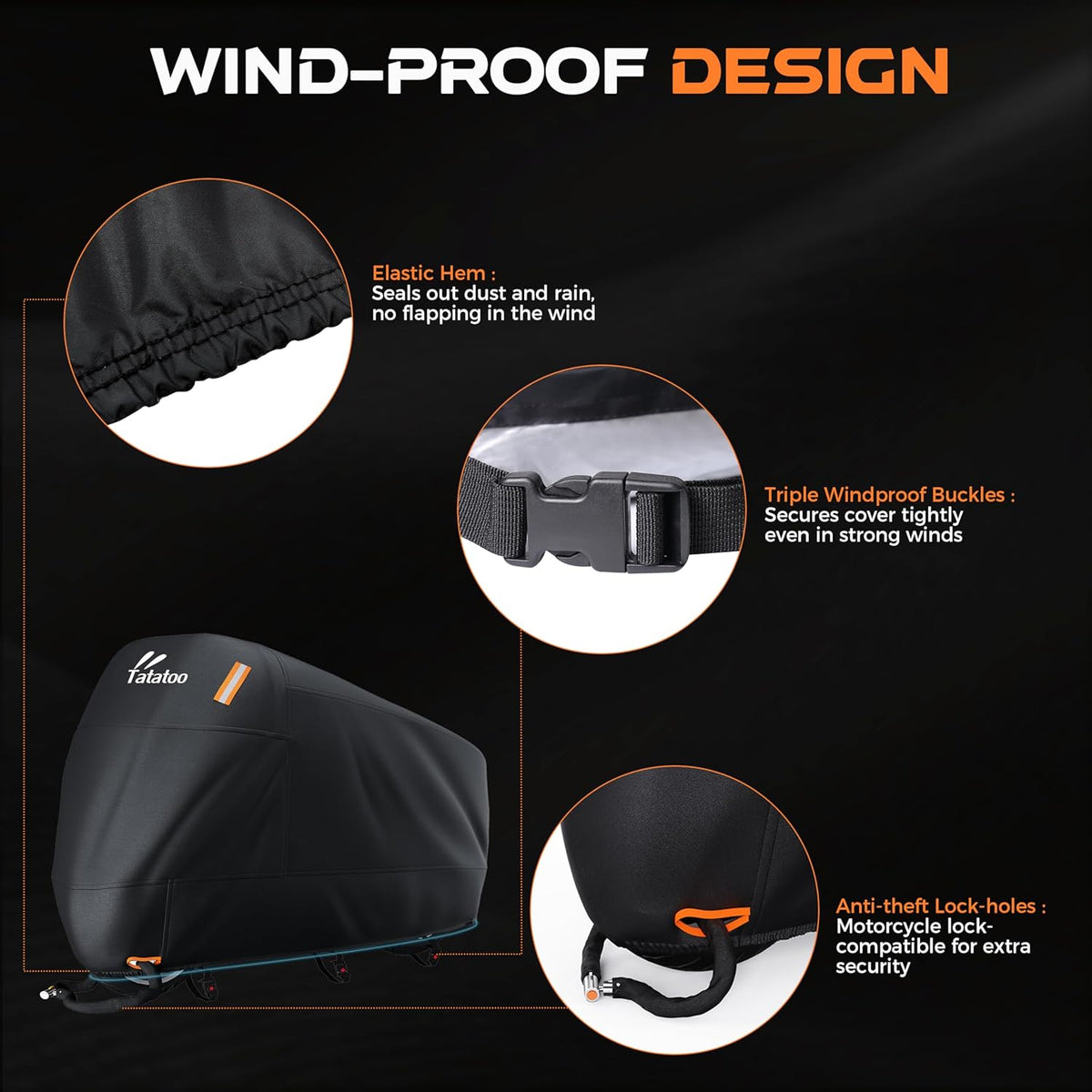 Motorcycle Cover Waterproof Outdoor, 300D Heavy Duty, UV & Rain Resistant, 3 Wind-Resistant Buckles, Dual Lock Holes, Includes Storage Bag, Fits Most Motorcycles up to 104",Silver