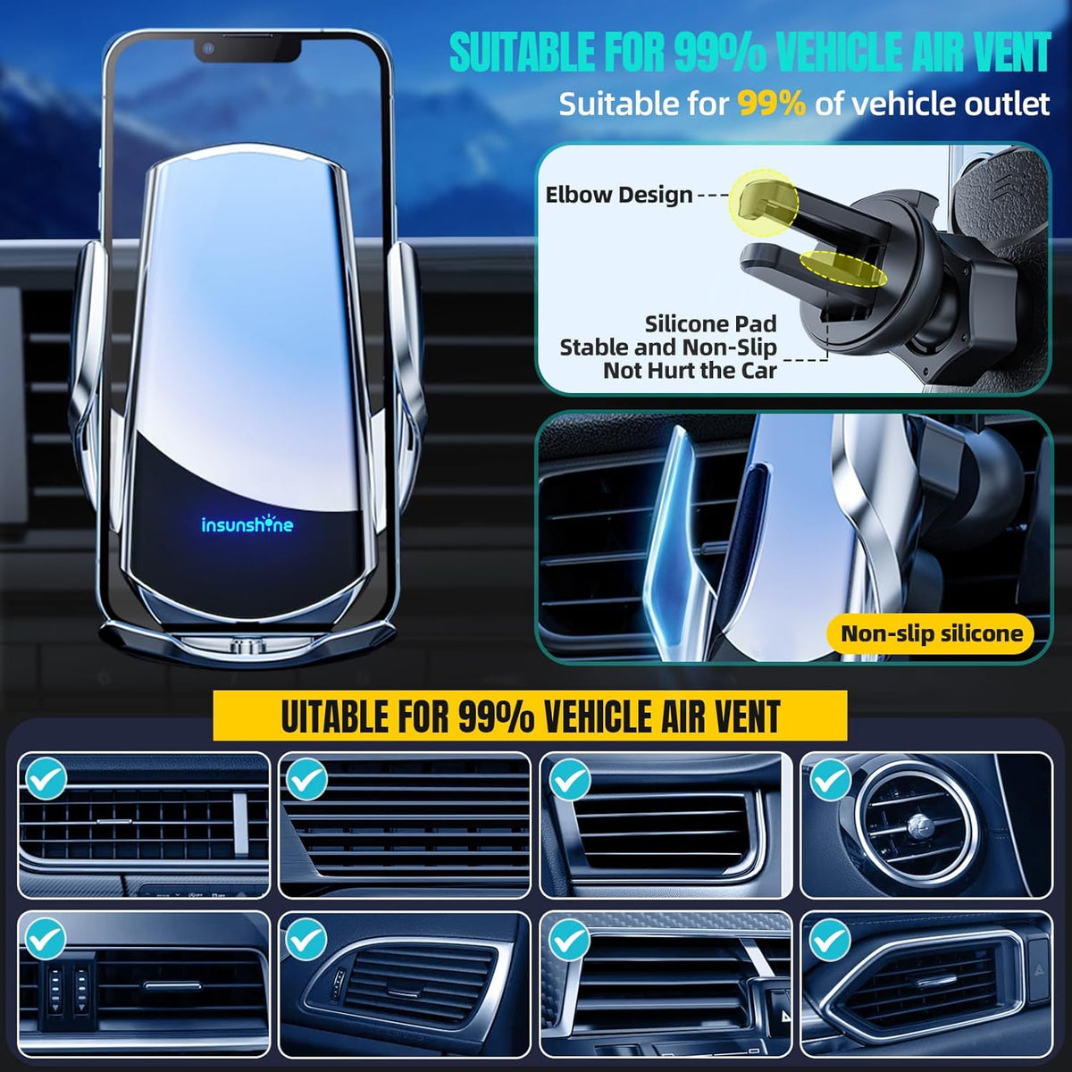 Wireless Car Charger, MAX 15W Fast Charging Auto Clamping, Sensing Phone Holder Mount, fit for iPhone 16 15 14 13 12 Pro Max Xs X, Samsung Galaxy S24 Ultra S23 S22 S21 S20 Note20 (1-Silver)