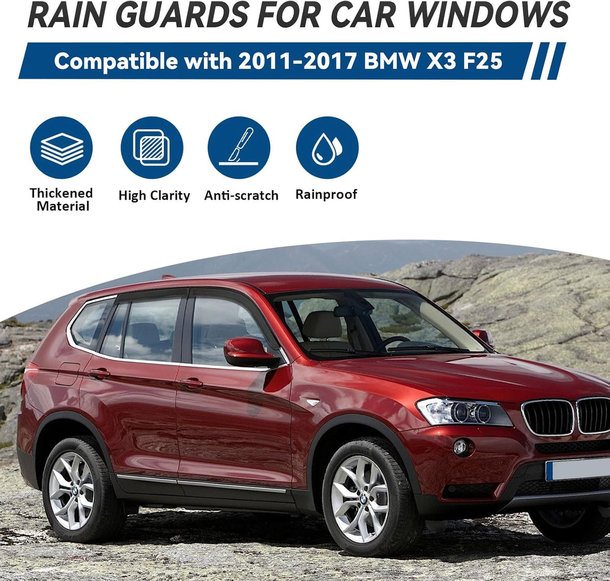 4pcs Front+Rear Smoke Tint Sun/Rain Guard Outside Mount Tape-On Vent Window Visors Compatible with 11-17 X3 F25