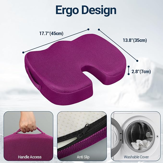 Gel Seat Cushion for Car Office - Memory Foam Pain Relief Chair Pillow Cushions - Tailbone Sciatica Coccyx Butt Lumbar Support Pad for Sitting Driving Traveling, Mesh, Purple