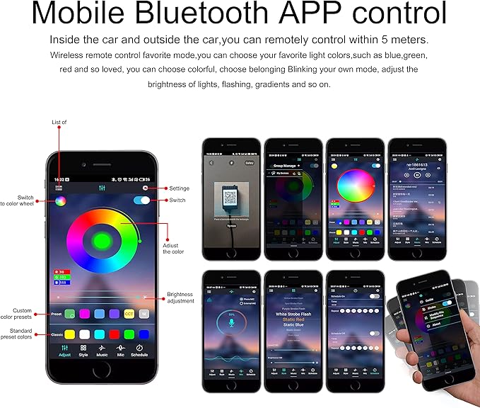 Car Interior Ambient Lighting Optic Fiber RGB 64 Colors Multicoloured Music Car Footwell Lighting Kit with Cigarette Lighter and App Microphone, DC 12V-24V 1W 3m