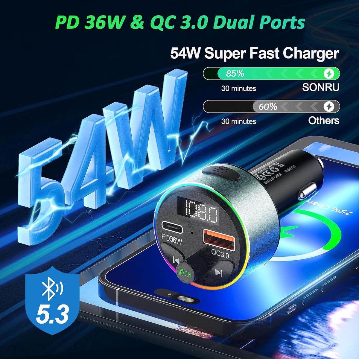 FM Transmitter Bluetooth 5.3 - SOARUN Fast Car Charger Adapter 54W [PD 36W & QC3.0 18W], Support Wireless Radio, Aux 3.5mm, Hands-Free Calling with 9 Colors LED Backlit