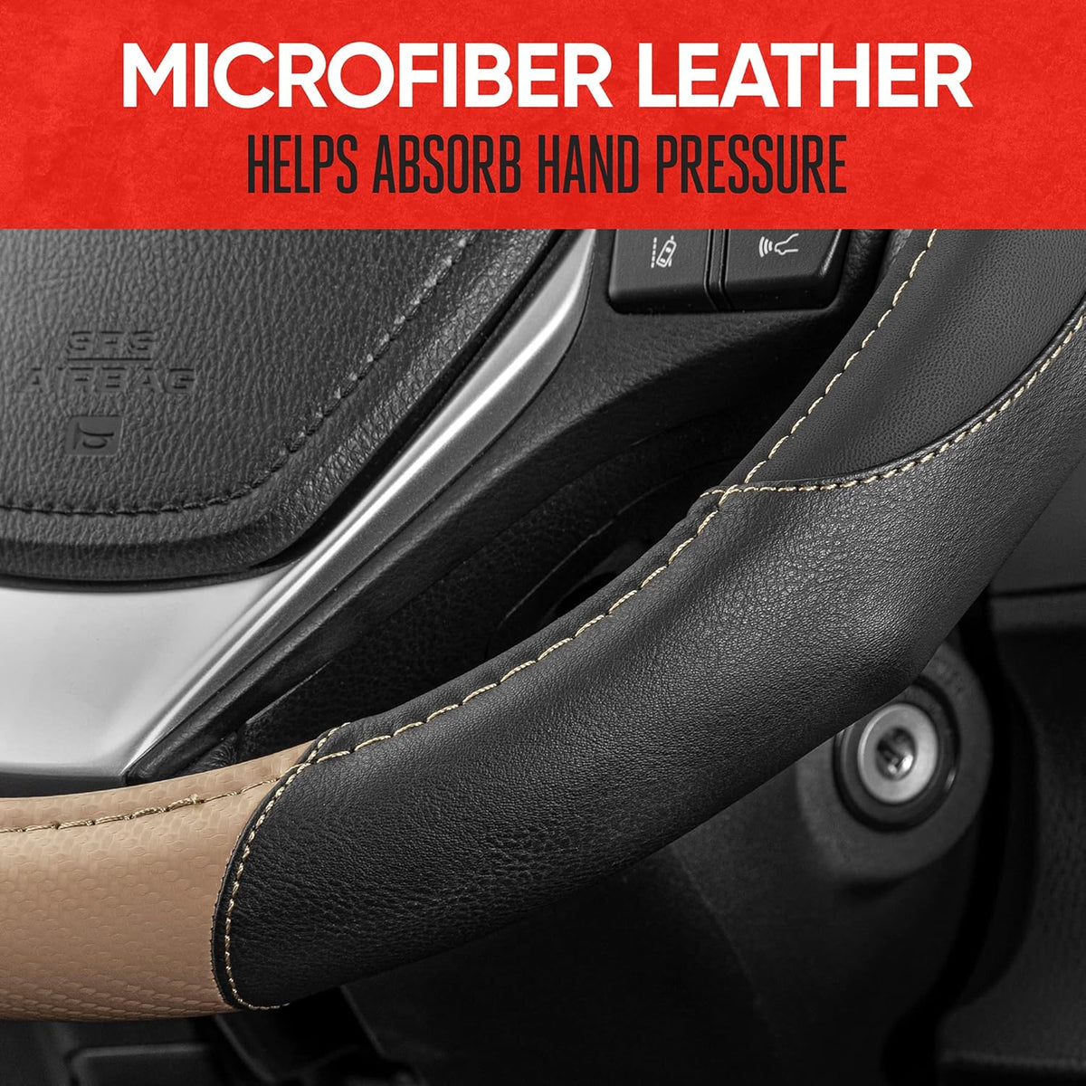 Motor Trend GripDrive Carbon Fiber Steering Wheel Cover, Non-Slip Sporty Racing Faux Leather Ergonomic Comfortable Handle, Steering Wheel Cover for Cars Trucks Vans SUV - Fits Standard 15 Inch - Beige