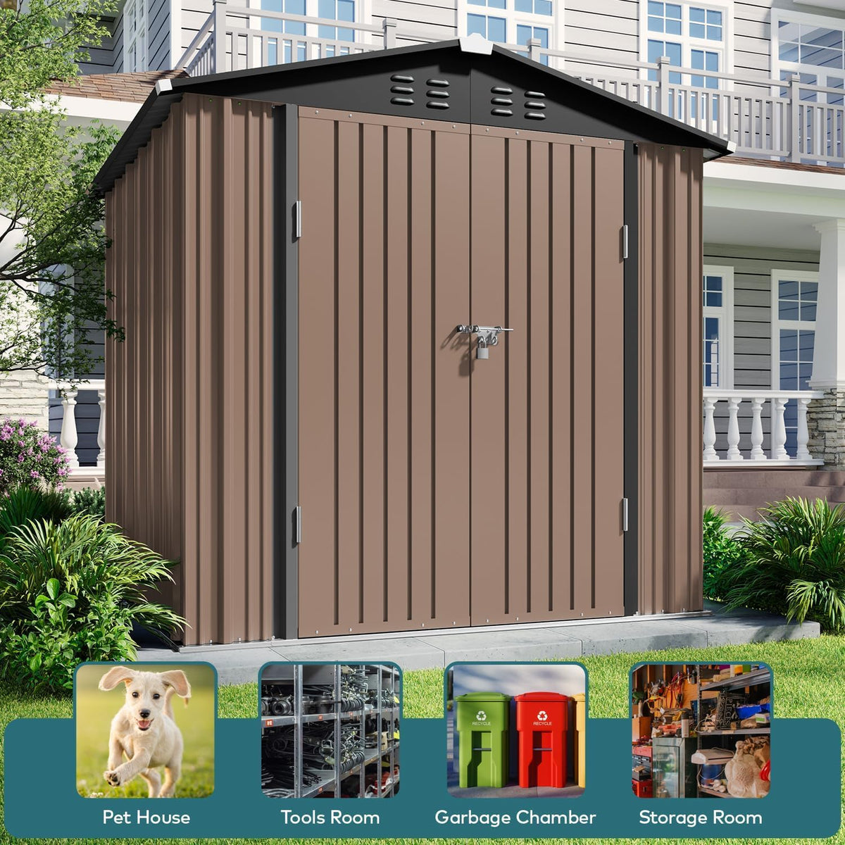 Gizoon Outdoor Storage Shed 6 x 4 FT, Galvanized Metal Garden Shed with Double Lockable Doors, Outdoor Storage Clearance for Backyard Patio Lawn-Light Brown