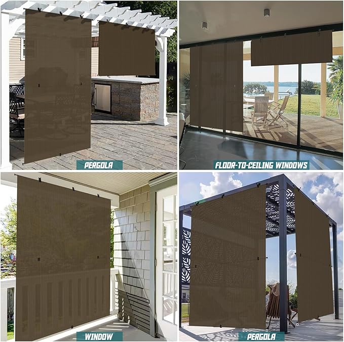 Bynbbur 5'W x 14'H Outdoor Patio Shades Foldable Roller Blinds, 220 GSM Sun Shade Roll Up Porch Screens Exterior Shade Cloth for Deck Pergola Backyard, Brown