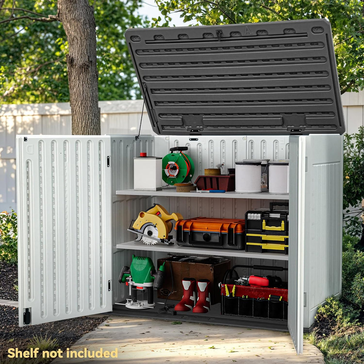 DWVO 47 cu ft Spacious Horizontal Storage Unit, Outdoor Resin Tool Locker Without Shelf, Waterproof Lockable Container with Base for Gardening, Waste Bins, Grass Cutter, 4.5x2.8x3.9 ft, Light Gray