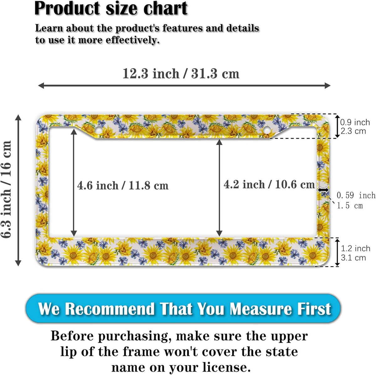 License Plate Cover Frame for Women Multicolor License Plate Frames for Men Sunflowers Aluminum Metal Car Accessory 2 Pack with Screw Covers Set