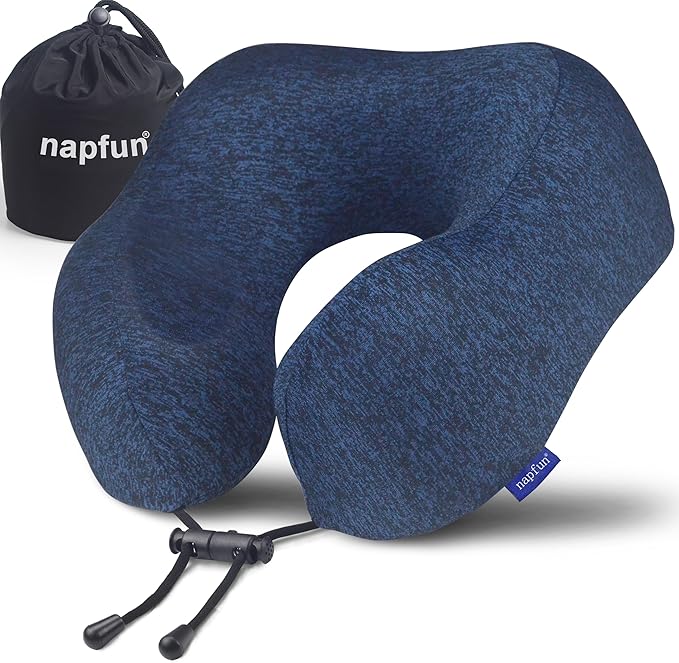napfun Neck Pillow for Traveling, Upgraded Travel Neck Pillow for Airplane 100% Pure Memory Foam Travel Pillow for Flight Headrest Sleep, Portable Plane Accessories, Blue