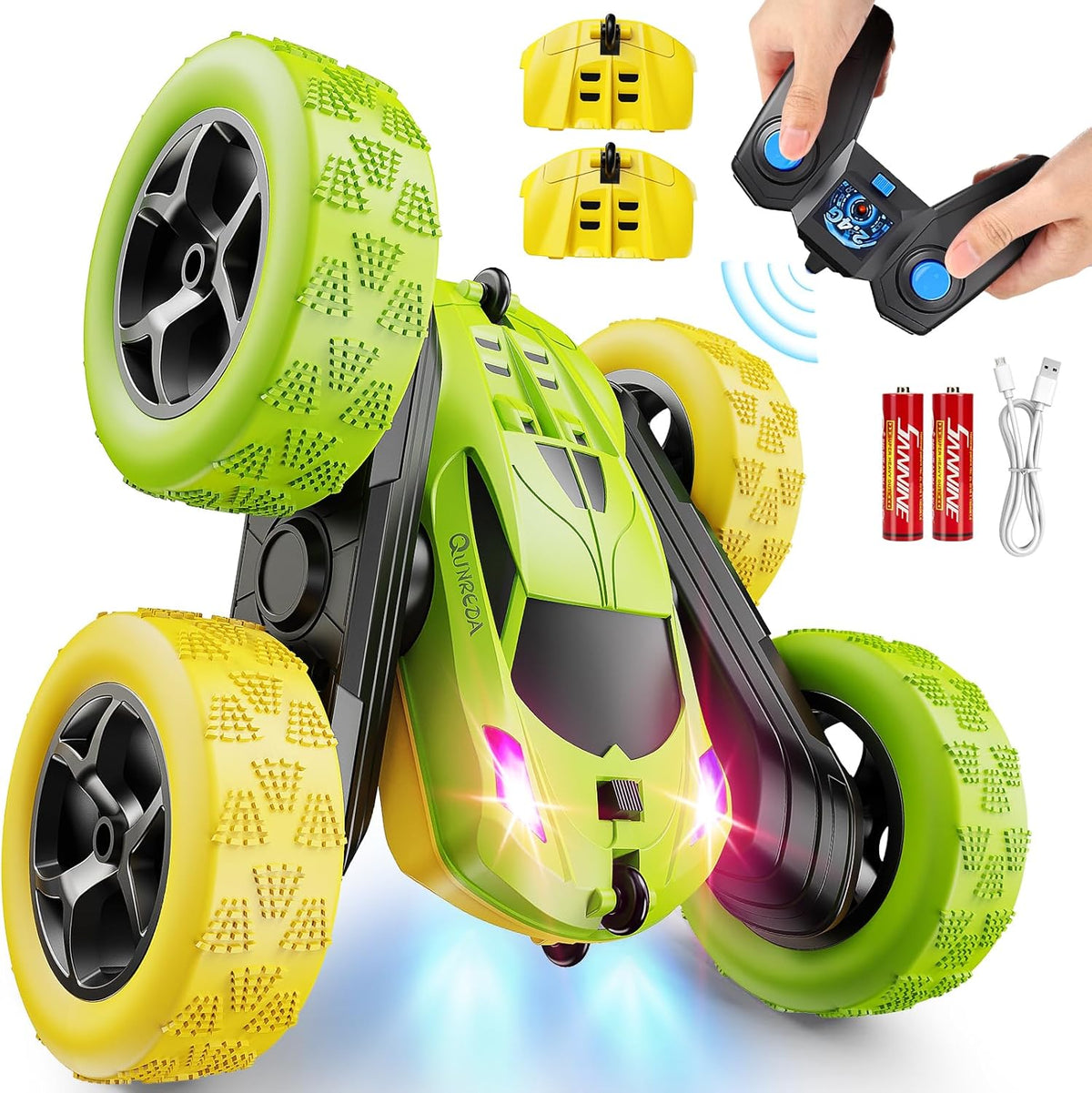 Remote Control Car, RC Car Toys for 6-12 Year Old Boys, Off Road RC Stunt Car 4WD 360° Rotating Remote Control Car for Kids, Boys Girls Gifts for Birthday, Christmas Yellow&Green