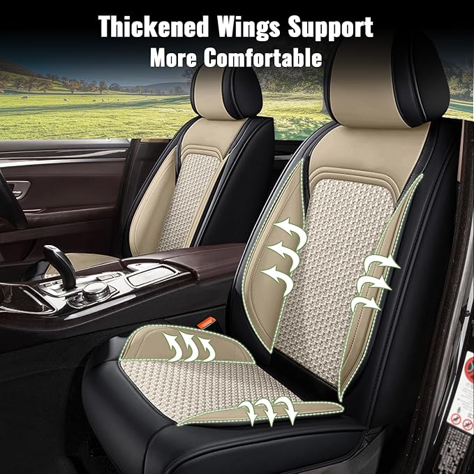 Car Seat Covers Full Set for Nissan Murano 2011-2025 2026 - Breathable Cooling Ice Silk Leather Seat Cover - 5 Seats Vehicle Seat Cushion Protector Auto Accessories (Black&Beige)