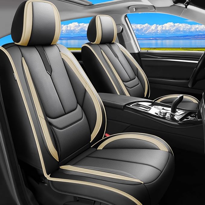 Fit Accord Car Seat Covers for Honda Accord 2003-2024 2025 2026 -Upgraded Premium Waterproof & Breathable Leather,Airbag Compatible,All-Weather Seat Cushion Protector,Full Set,Black-Beige