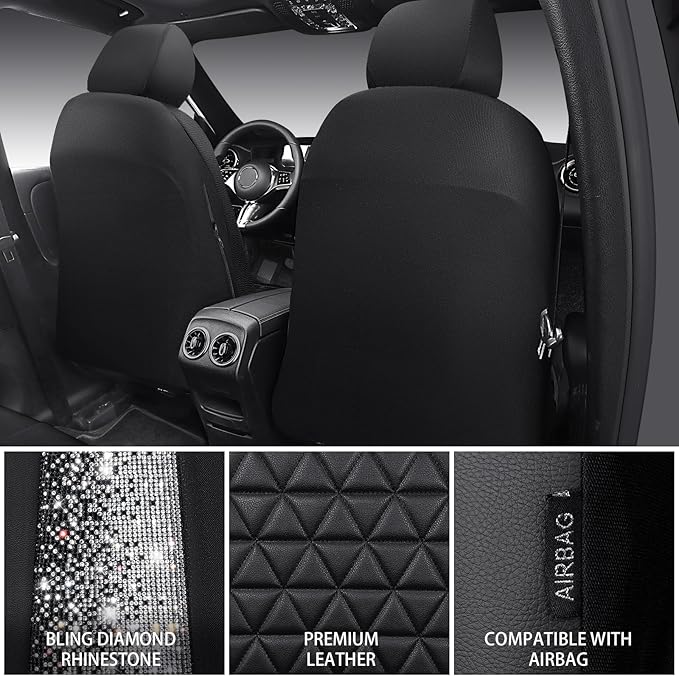 CAR PASS Bling Diamond Leather Car Seat Covers Full Seats Interior Sets, Waterproof Shining Glitter Sparkly Crystal Universal Armrest Fit Automotive Truck SUV Cute Women Girl, Black Silver Rhinestone