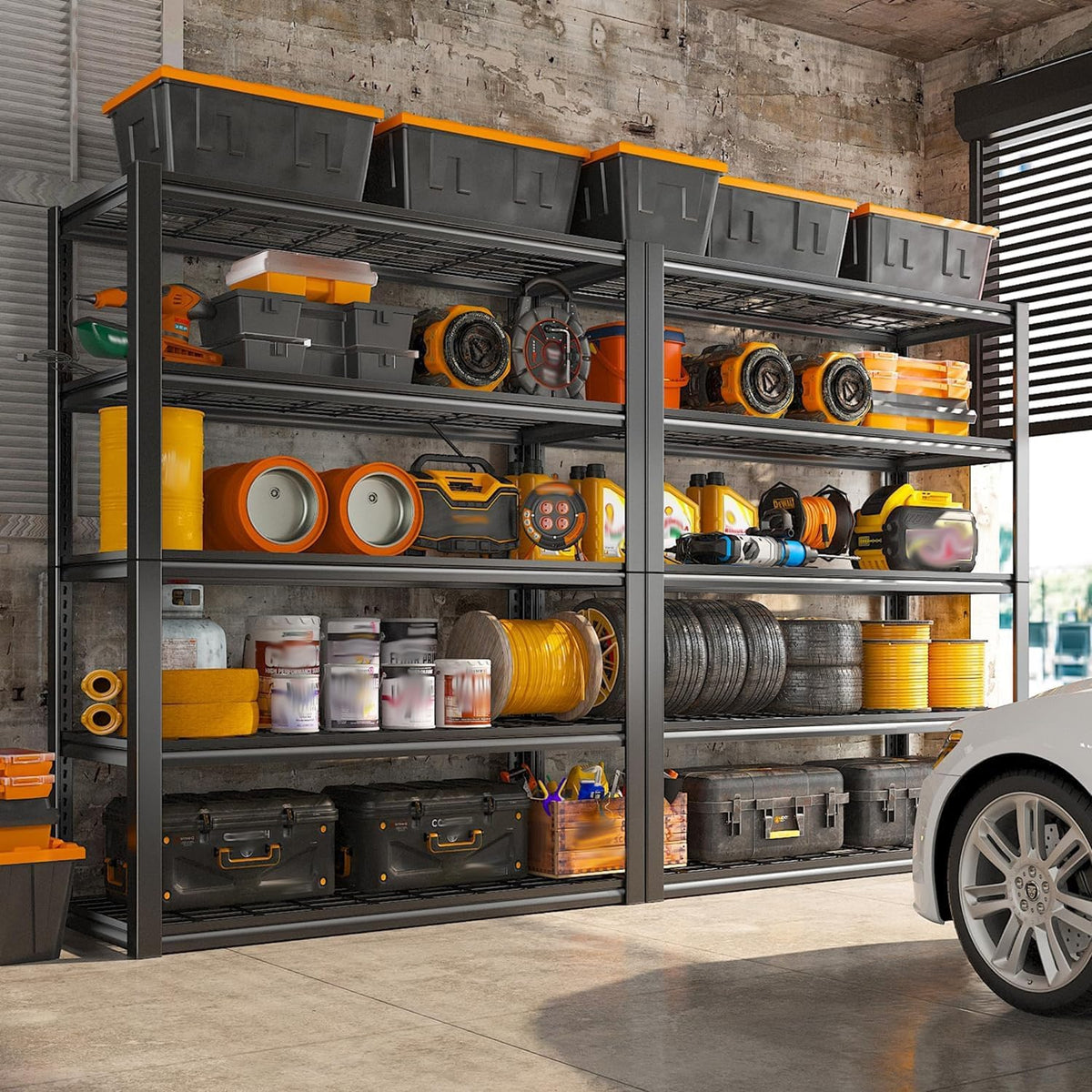 REIBII 48" W Garage Shelving Heavy Duty Load 2500LBS, 5 Tier Storage Shelves, Adjustable Metal Shelves for Warehouse, Pantry, Basement, 48" W X 72" H X18 D, 4PC