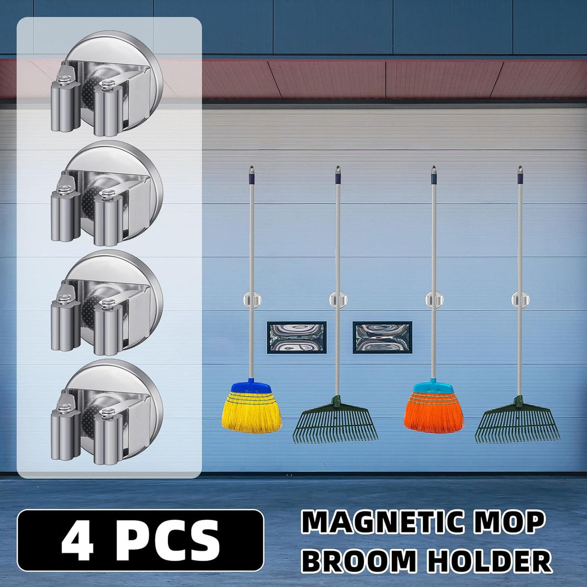 4 Pcs Magnetic Mop Broom Holder Movable Magnetic Broom Holder Rack, Anti Slip Wall Mounted Utility for Cleaning Tools, Garage, Kitchen, Laundry, Garden (Silver)