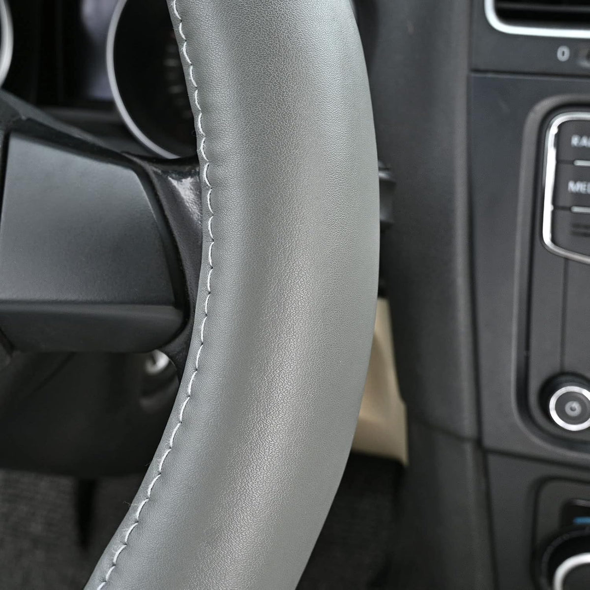 Haokay Heavy Duty Pure Cowhide Steering Wheel Cover SUV Car, Gray Genuine Leather Steering Wheel Cover Men Women Universal 14.5 to 15 Inch