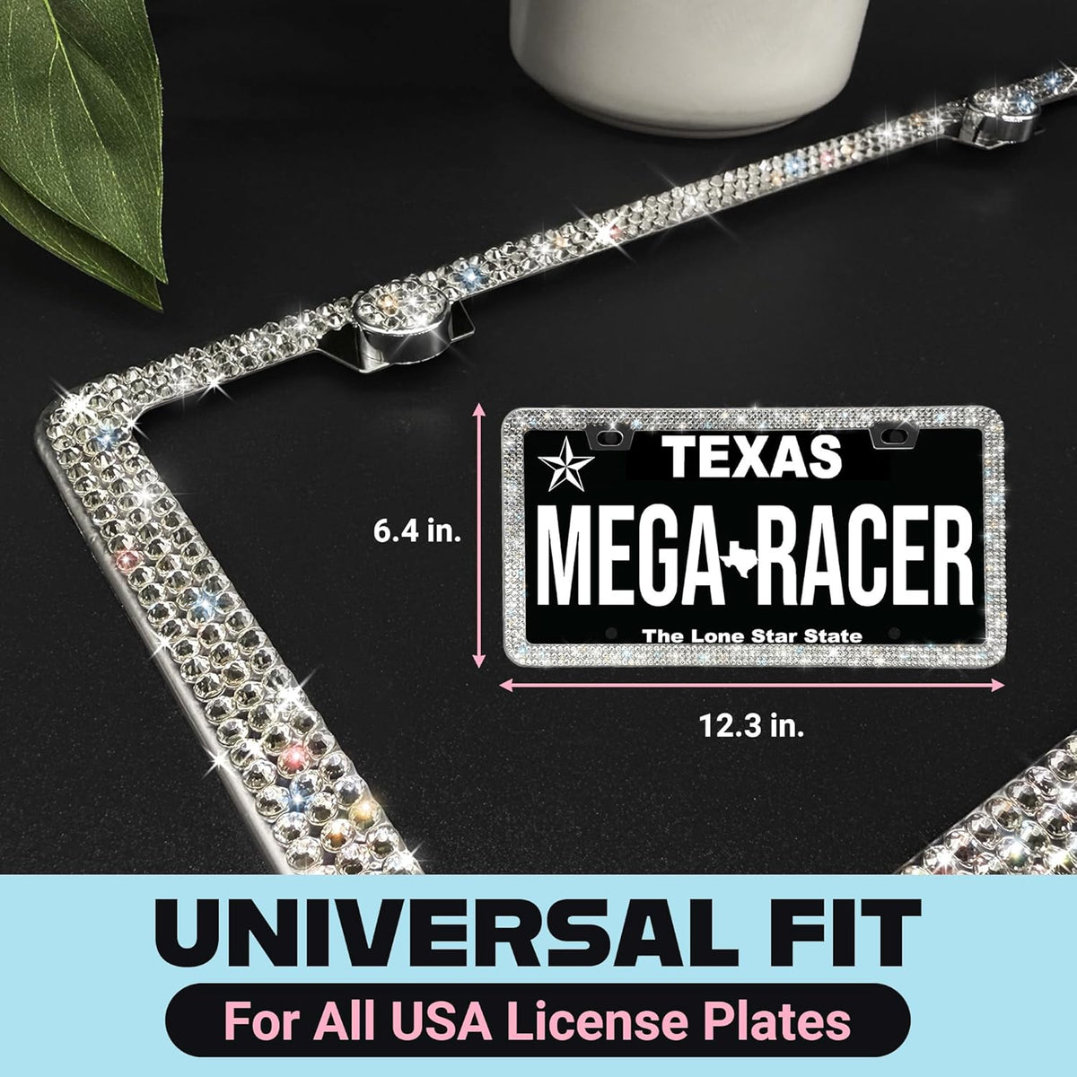 Dazzling Bling License Plate Frames for Women - 2 Pack, 1600 Premium Rhinestones, Rust-Free Stainless Steel, Street Legal Slim Design, Sparkly Diamond Car Tag Holders with Glitter Crystal Screw Covers