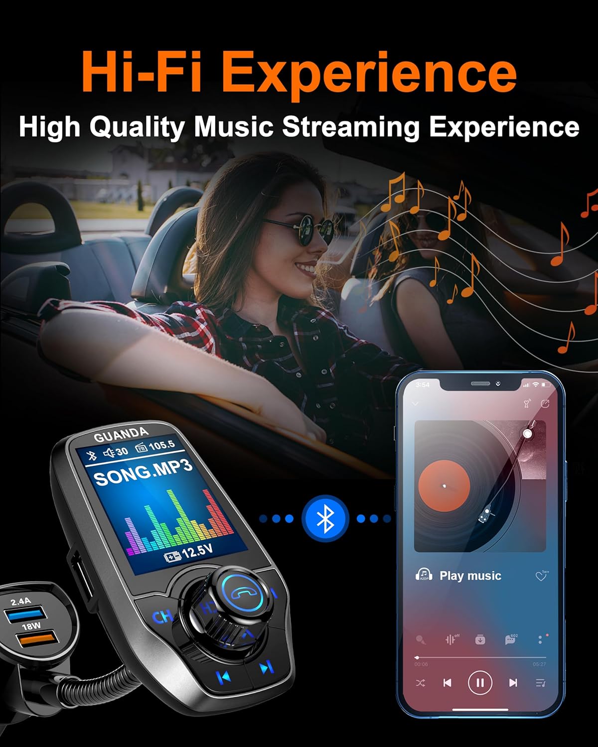 Upgraded Bluetooth FM Transmitter for Car, Wireless Radio Adapter Kit W 1.8" Color Display Hands-Free Call AUX in/Out SD/TF Card USB Fast Charging 18W for All Smartphones Audio Players - Pewter