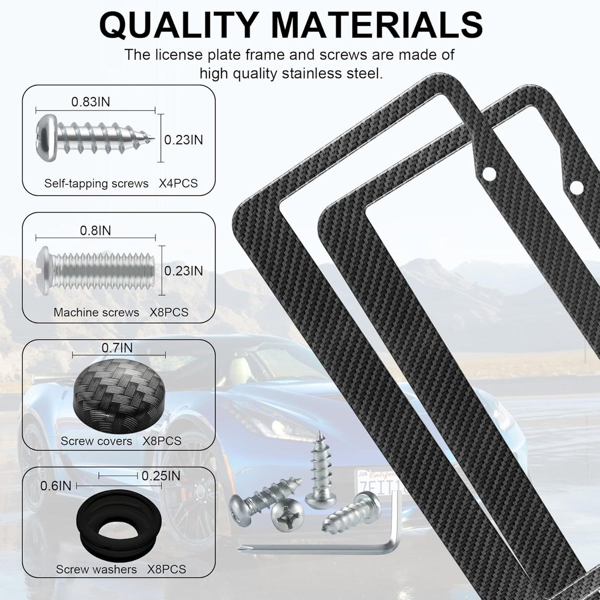 LivTee Carbon Fiber License Plate Frames, 2PCS Car License Plate Holder, 2 Holes Stainless Steel License Plate Covers, Automotive Exterior Accessories, Slim Design with Gasket Cover for US Cars
