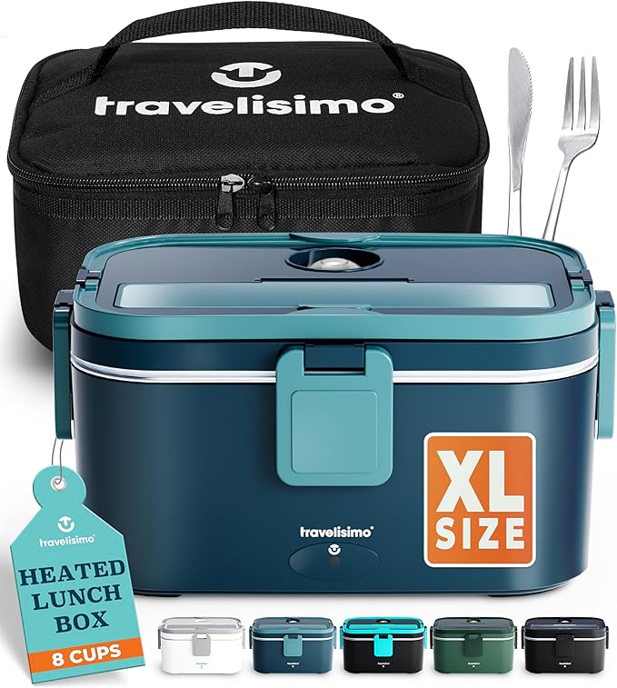 TRAVELISIMO Extra-Large Electric Lunch Box For Adults Holds up to 8 Cups - 100W Heated Lunch Box For Men 1.8L, Portable Food Warmer for Travel & Work, Loncheras Electricas Para Calentar Almuerzo