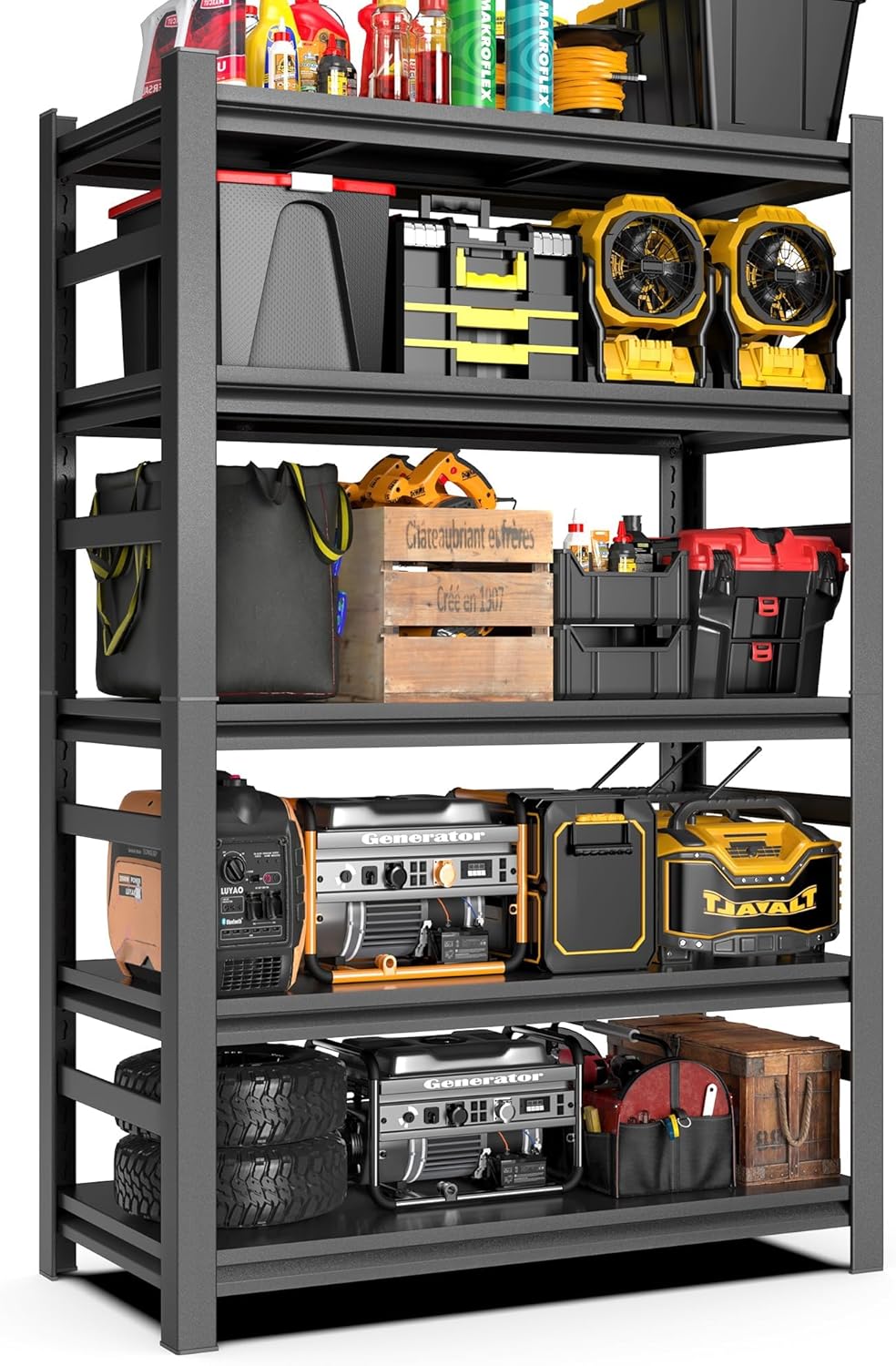 Heavy Duty Commercial Metal Garage Shelving Rack,Adjustable Industrial Steel Storage Shelves for Warehouse, Garage, Basement, 87" H x 47.2" W x 23.6" D, Black