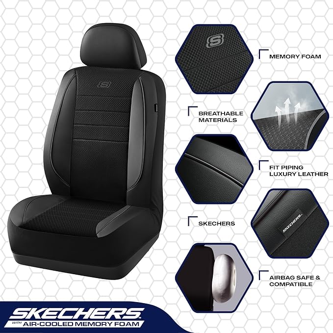 Skechers Air-Cooled Memory Foam Seat Covers,Mesh Thick Car Seat Covers,Piping Leather Car Seat Covers Front Seats,Airbag Compatible,Automotive Comfort Universal FitMost Cars,Vans,Truck,SUV,Black