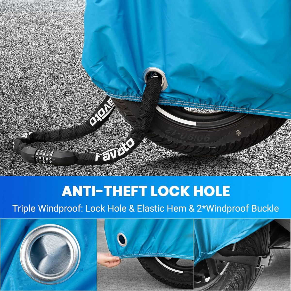 Favoto Motorcycle Cover Waterproof Outdoor - Universal Fit Motorbike Cover with 3 Night Reflectors Lock-Hole Carrying Bag Windproof Dustproof Rain Sun Protection (116 inch Length)