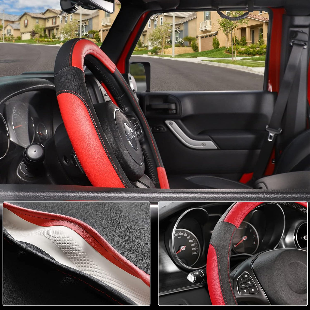 SEG Direct Car Steering Wheel Cover for F-150 Tundra Range Rover 15.5-16 inch, Black and Red Microfiber Leather