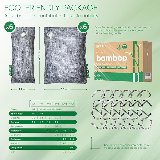 Activated Charcoal Odor Absorber,Large 12 Pack w Hooks Nature Odor Eliminator for Strong Odor, Bamboo Charcoal Air Purifying Bags,Moisture Absorbers for Fresh Home Car Closet Pet,Smoke Room Deodorizer