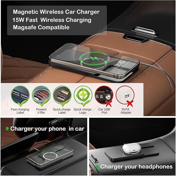 Wireless Charger Car Magnetic Charging pad Fast Wireless Phone Charger Cell Phone Cordless Charging mat Compatible with iPhone 16/15/14/13/12, Airpods Earbuds(C11MAG)