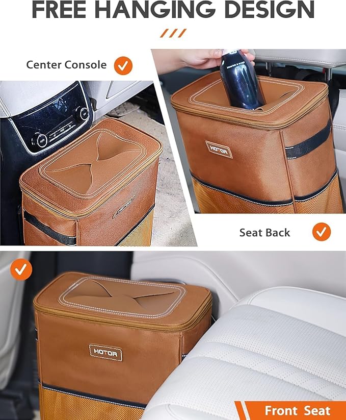 HOTOR 3 Gallons Car Trash Can, Ultra Large Capacity Organizer and Storage with Adjustable Straps & Magnetic Snaps, Waterproof Car Accessory for Interior Car Stuff Storage, Brown