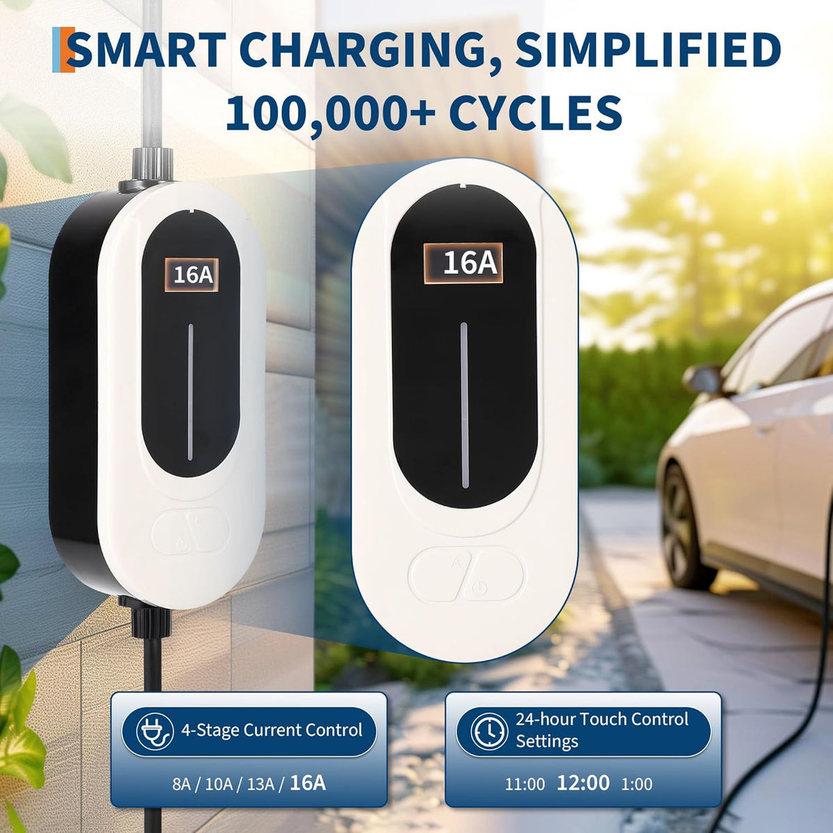 Level 1&2 EV Charger, 16A 110-240V Dual Voltage, NEMA 6-20 & 5-15 Plug, 25ft Cable, Adjustable Current/Delay Timer, SAE J1772 Listed Portable Electric Car Charger for Indoor/Outdoor Use