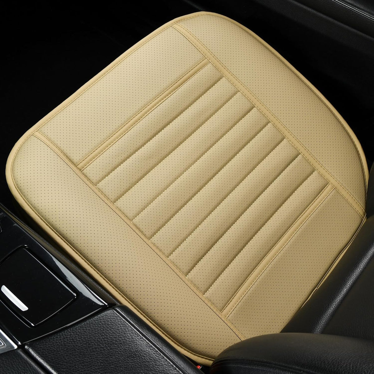 2pc Edge Wrapping Comfortable Car Front Seat Covers, Seat Protectors, Anti-Slip Bottom Seat Cushion Covers for Auto with PU Leather(Beige)