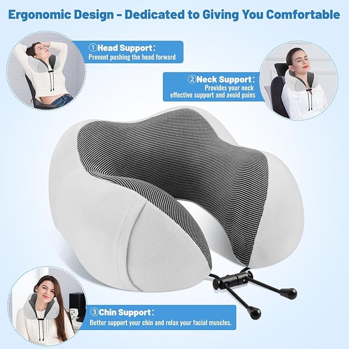 CloudBliss Travel Pillow Premium Memory Foam, Comfortable&Supportive Neck Pillow, Sleeping Neck Pillows for Travel, Airplane Pillow for Sleeping Airplane, Car, Office and Home （Light Grey）