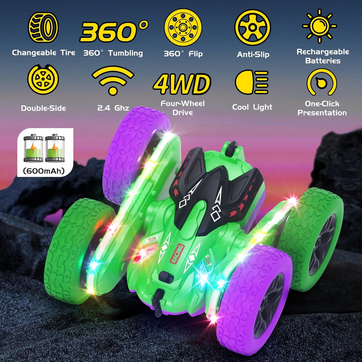Remote Control Car, RC Cars, RC Stunt Car Toys with New Upgraded Strip Light & Headlight, RC Cars for Boy Girl Gifts with 2.4Ghz, 600mAh, 4WD, 90 Min Playtime, 360° Rotating, Double Sided
