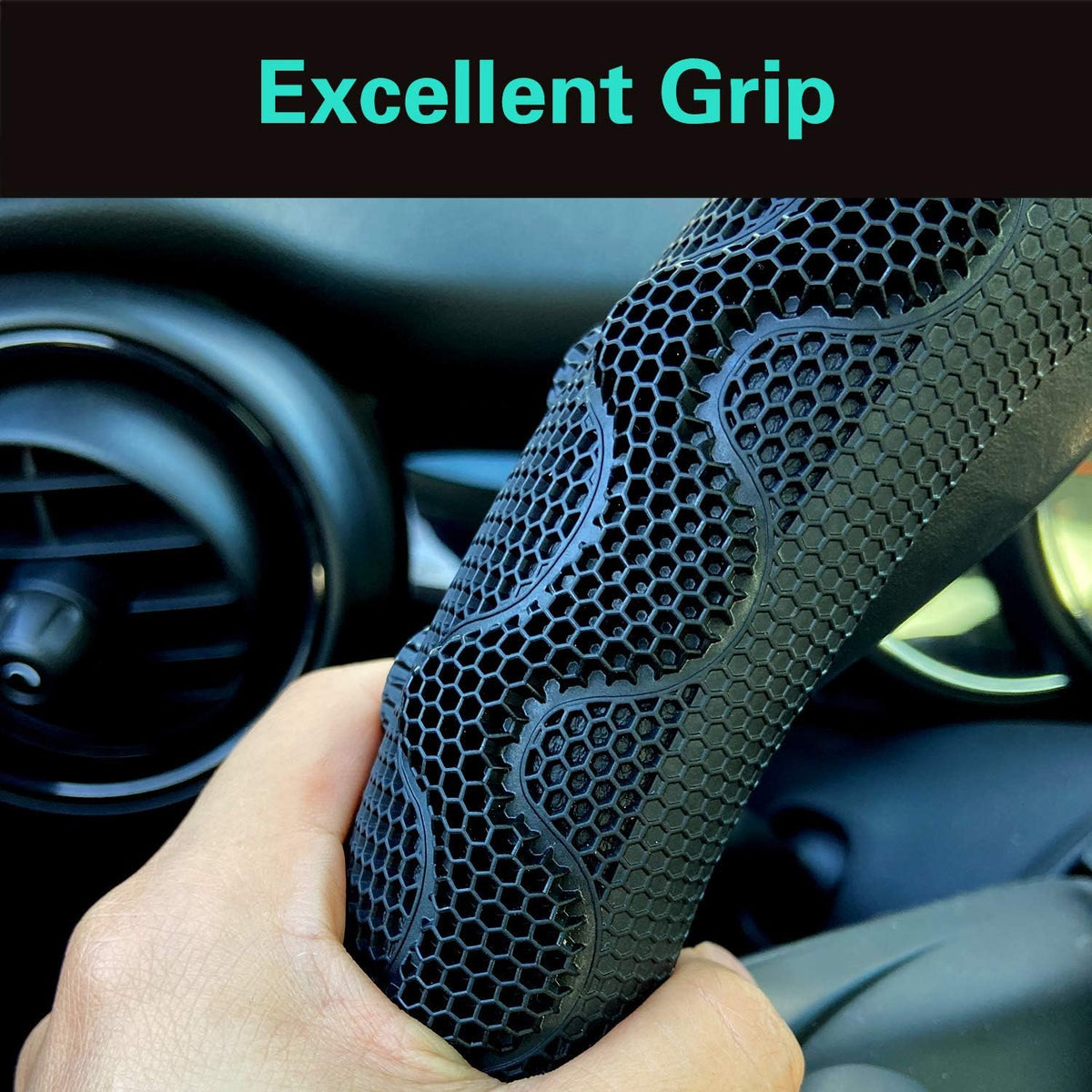 PINCTROT Large Size Steering Wheel Cover Great Grip with 3D Honeycomb Anti-Slip Design, 15.5-15.75 Inch (All Black)