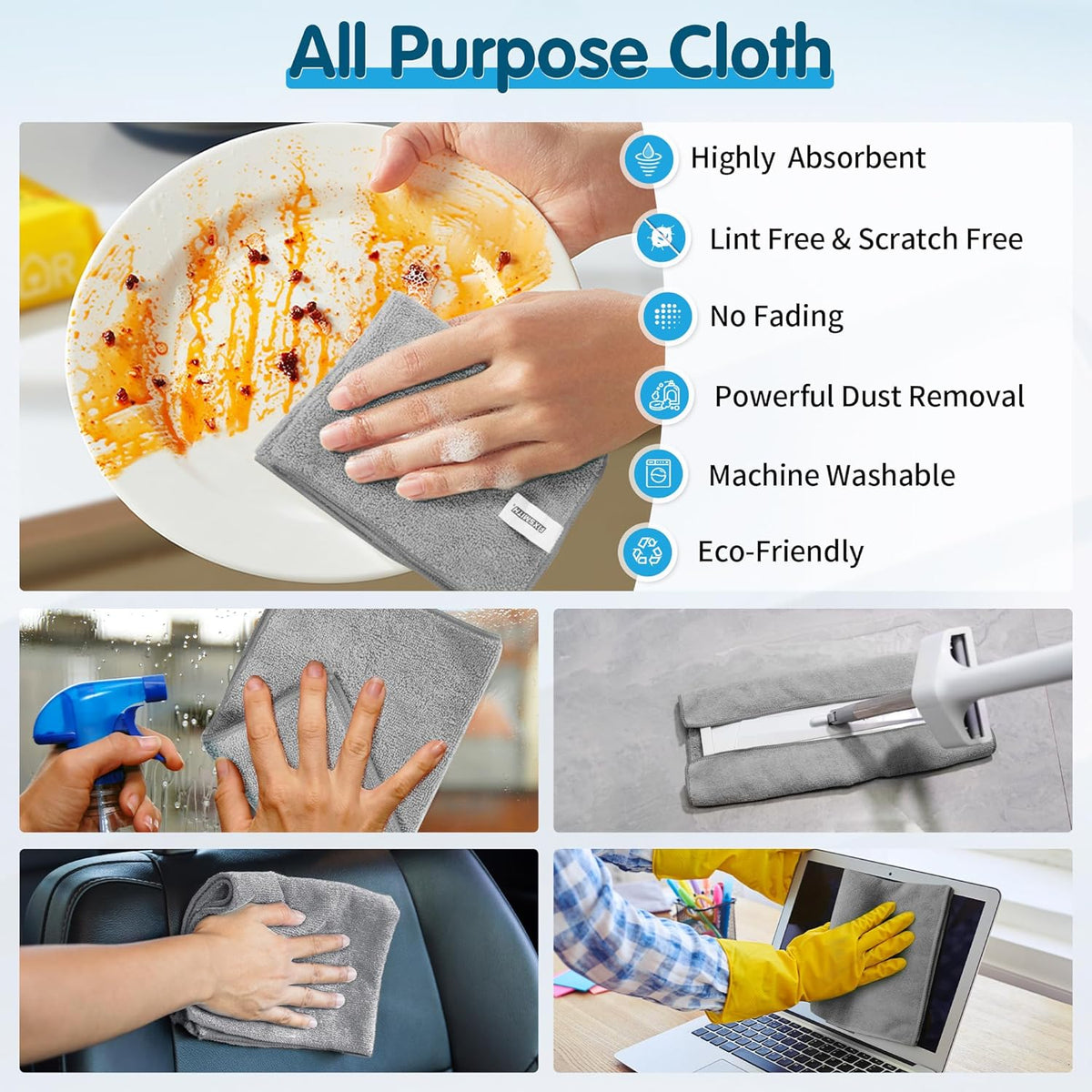 FIXSMITH Grey Microfiber Cleaning Cloth -Pack of 12, Highly Absorbent Cleaning Rags, 16"X12" All Purpose Cleaning Towels for Housekeeping, Kitchen, Car, Lint Free and Reusable Microfiber Towels