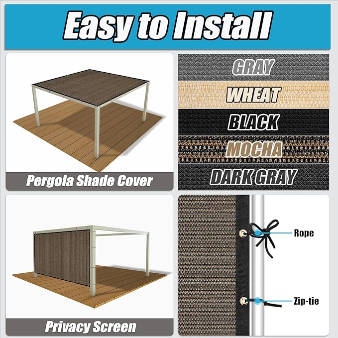 Amagenix 90% Shade Fabric 8'X 9' Mocha Sun Shade Cloth with Grommets for Pergola Replacement Shade Cover Canopy, Heavy Duty, Cable Zip Ties Included (We Customized)