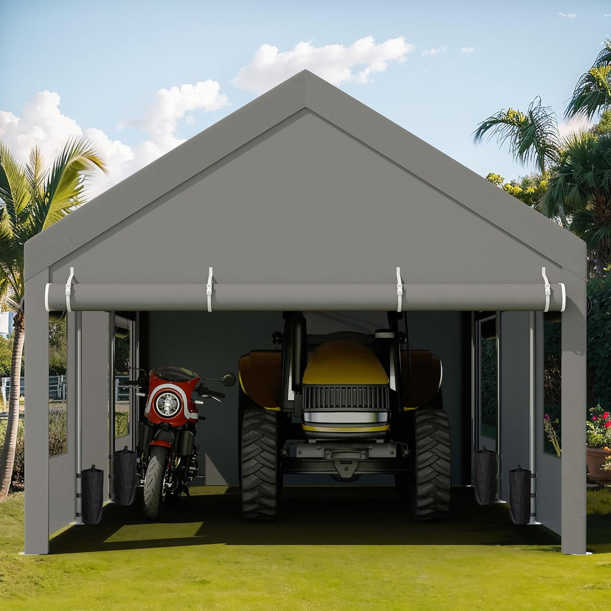 JY QAQA Carport, 10x20 FT Heavy Duty Carport Reinforced Steel Poles with Removable Sidewalls & Doors,Roll-up Windows Car Canopy with Sandbags and All-Season Tarp for Car Boat Truck Motorcycle