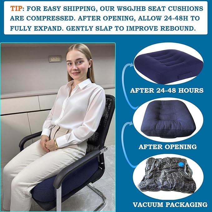WSGJHB Large Seat Cushion, Extra Thick Booster Seat Cushions for Office Chairs Long Sitting Office Workers, Car Drivers, Relieves Back Pain, Breathable, Anti-Slip, 20x20x6 inchs, Blue