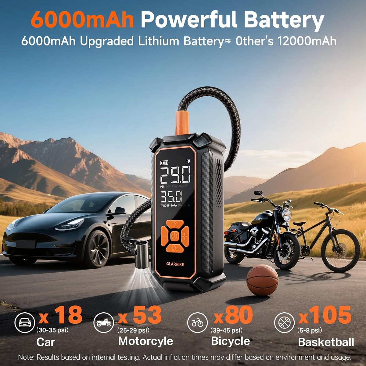 OlarHike Cordless Tire Inflator Portable Air Compressor, Quick Inflation, Air Pump for Car Tires, Pickup Truck, Motorcycle, Bicycle, Balls, Electric Pump with LED Light & Digital Pressure Gauge