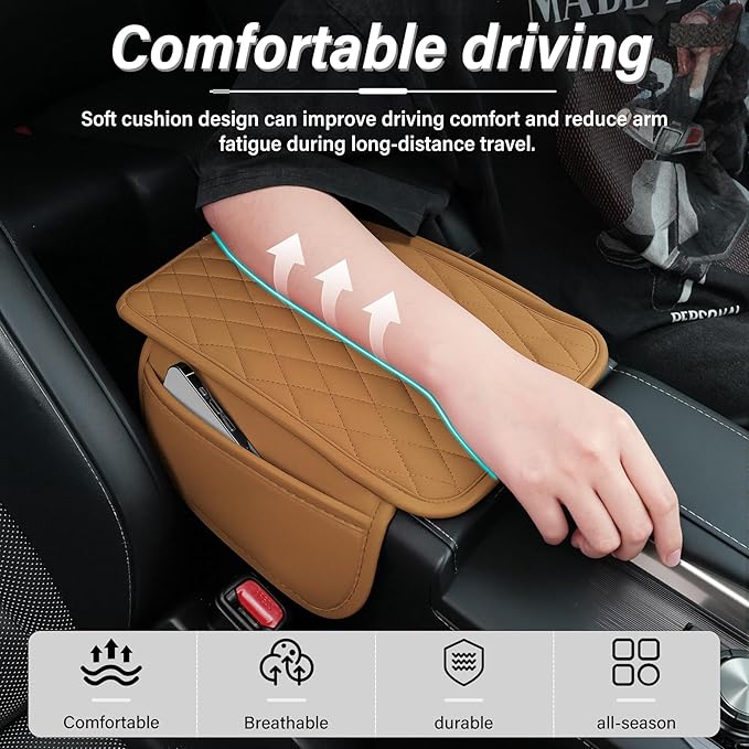 Amiss Car Center Console Cover, Upgraded Leather Car Armrest Cushion with 2 Storage Pockets, Universal Waterproof Cushion Pad, Non-Slip Car Interior Accessories, Fits Most Sedans SUVs Trucks (Orange)