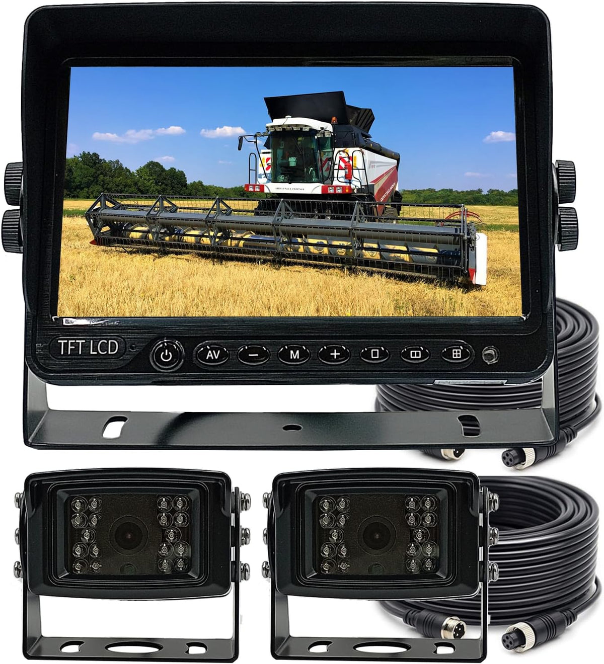 AHD 1080P 7" Reverse Rear View Backup Dual Camera System, Two Cameras with Night Vision Waterproof IP69K Vibration-Proof 10G for Truck/Trailer/RV/Bulldozer/Crop Sprayer/Agricultural Equipment