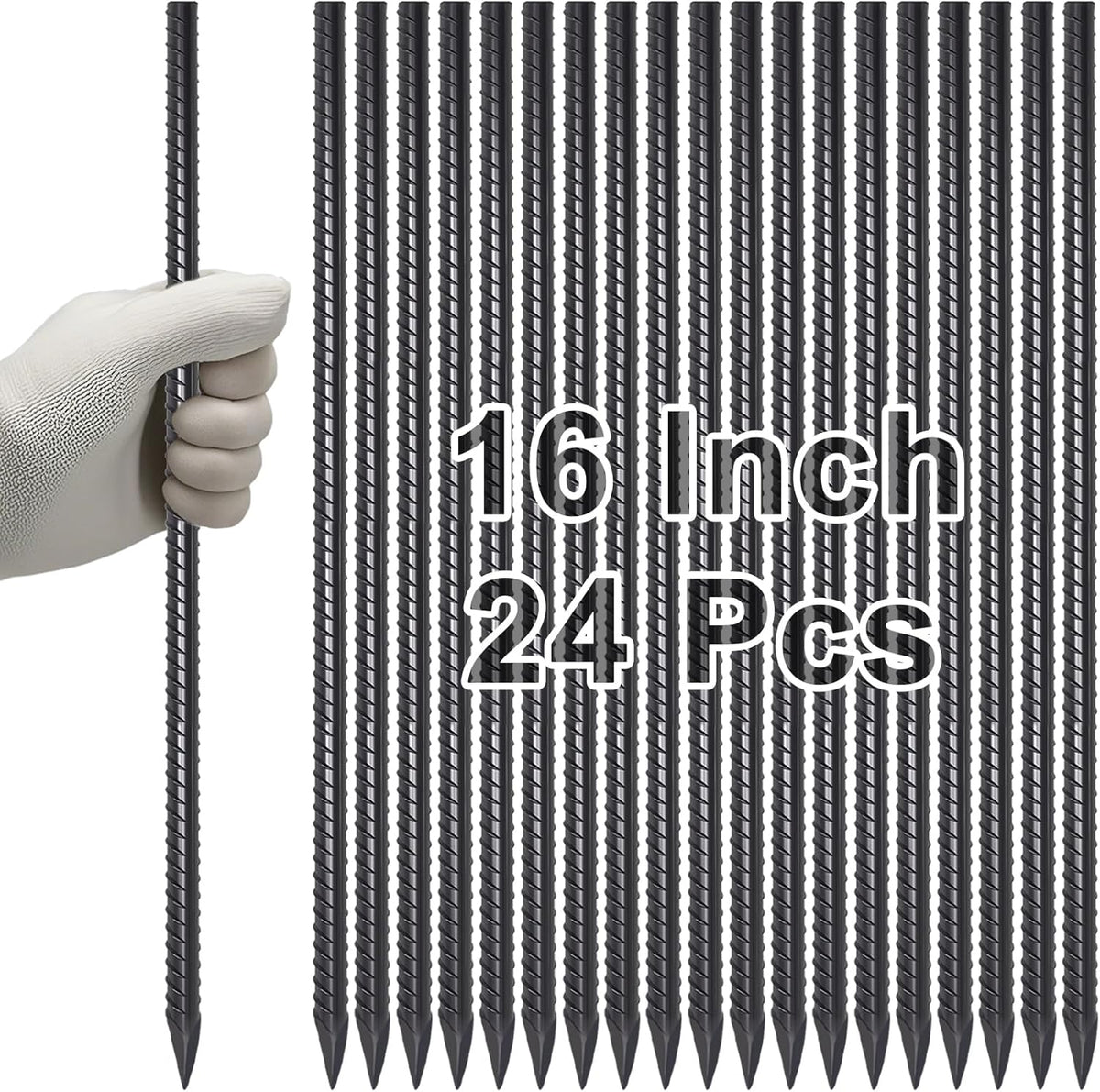 VVOKGO Rebar Stakes 16 Inches Ground Concrete Form Stakes (24pcs), Straight Metal Spikes Heavy Duty with Chisel Point End, 5/16" Diameter Steel Anchors for Fence, Concrete Timber, Garden Plants, Black