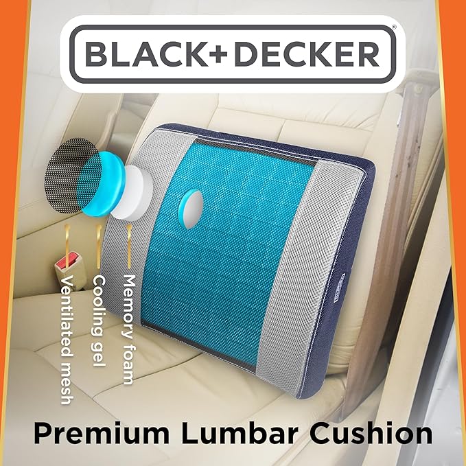 BLACK+DECKER Cooling Gel Lumbar Memory Foam Cushion – Ergonomic Back Support Travel Pillow with Ventilated Mesh, Adjustable Strap, Slow Rebound Memory Foam, Washable Cover